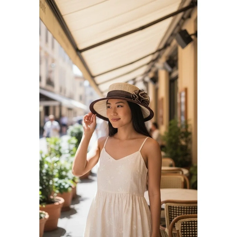 Sinamy Womens Derby Church Boater Hat One Size Beige Black Trim Flower wide brim